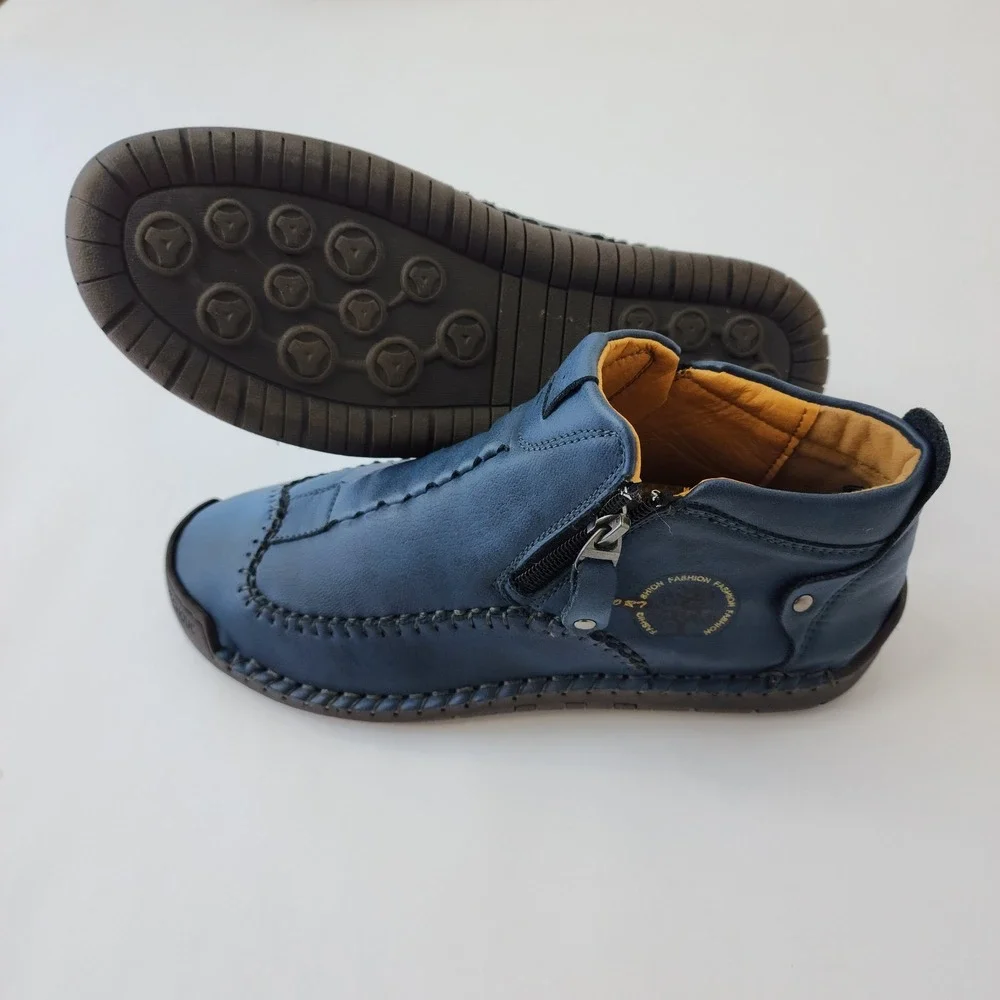 Fashion Sport Blue Leather Hand Stitched Ankle Boots Side Zip‎ Men's 7